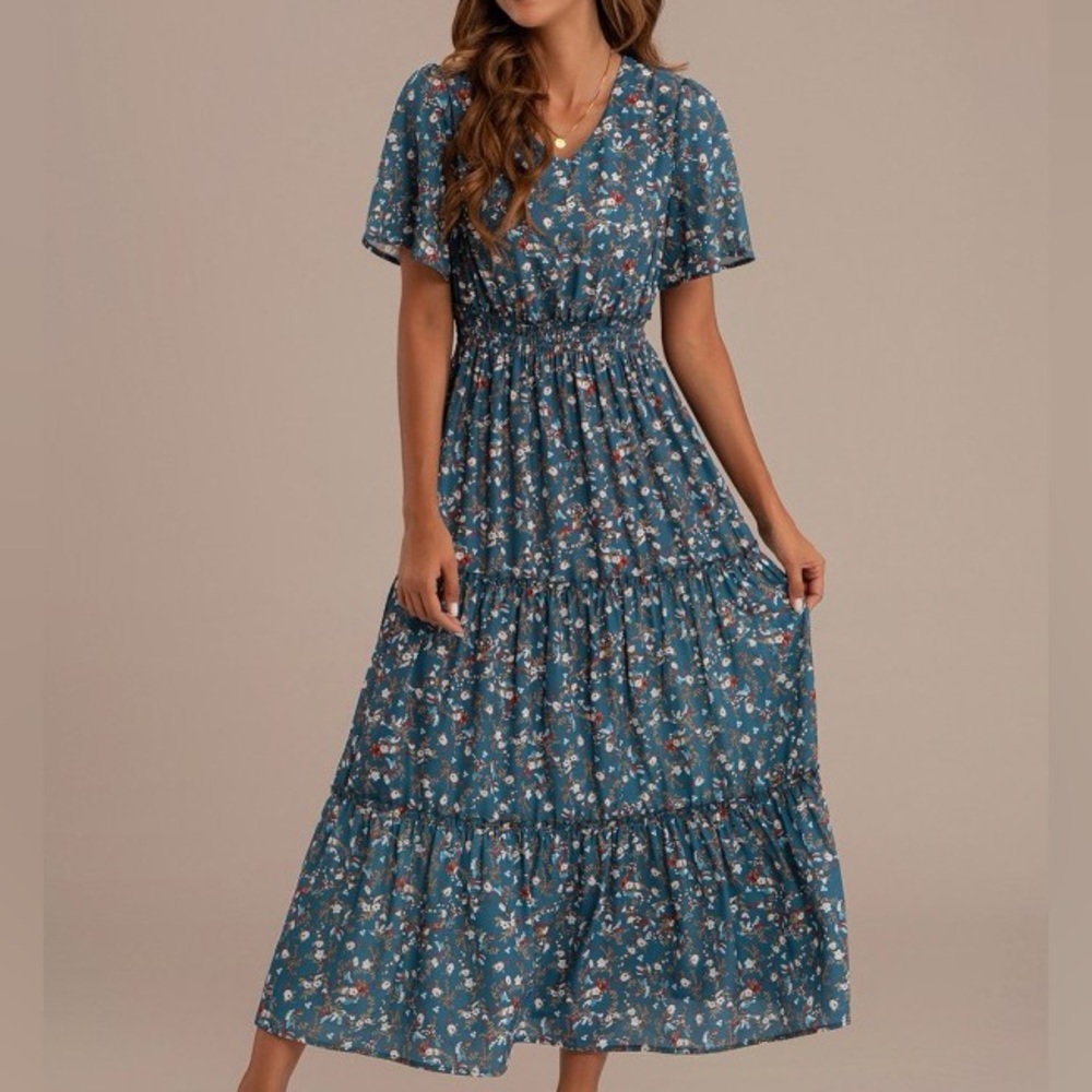 Floral Short Sleeve V Neck Tiered Maxi Dress